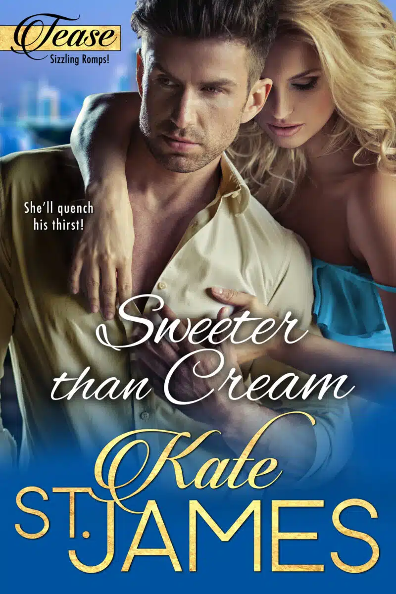 Sweeter than Cream book cover of a blonde white woman hugging a light-brown-haired latino man from behind. Title is in white script and author name is in gold against a blue background.