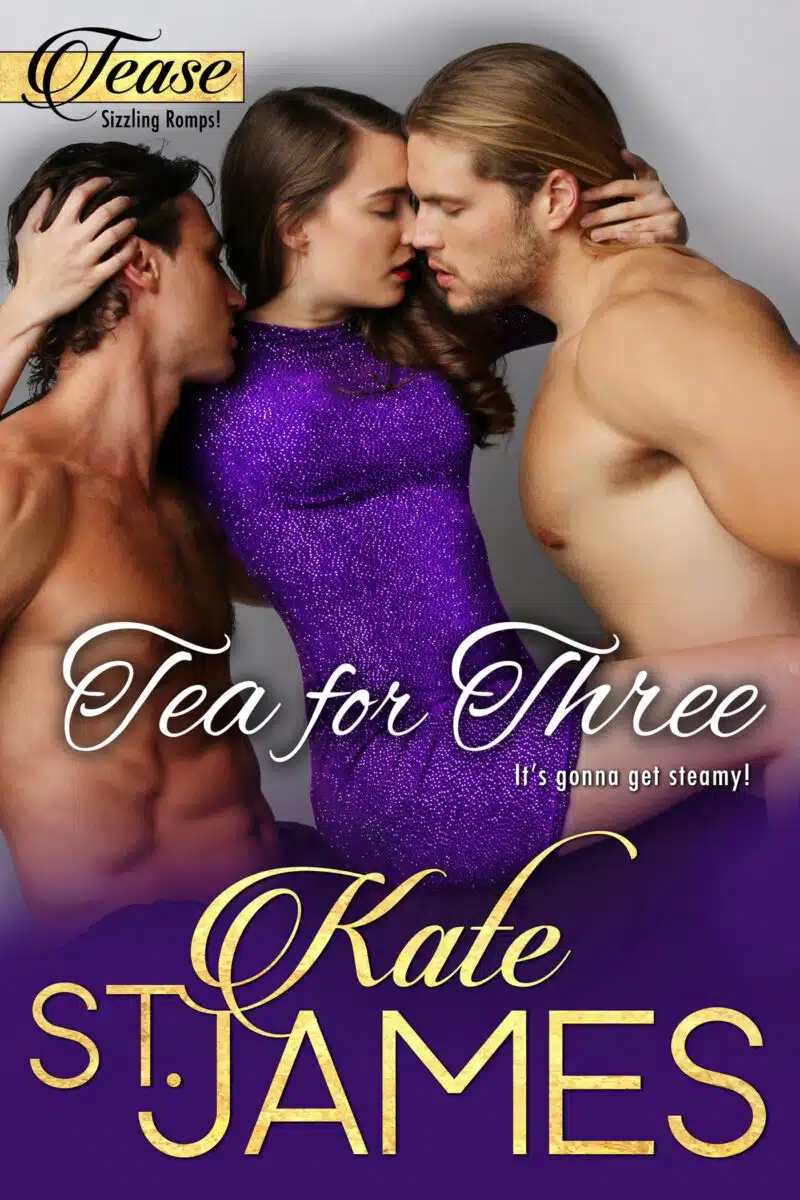 Tea for Three by Kate St. James. Half-Egyptian woman in purple sparkly dress between two white men, naked above the waist, one blond and the other dark-haired