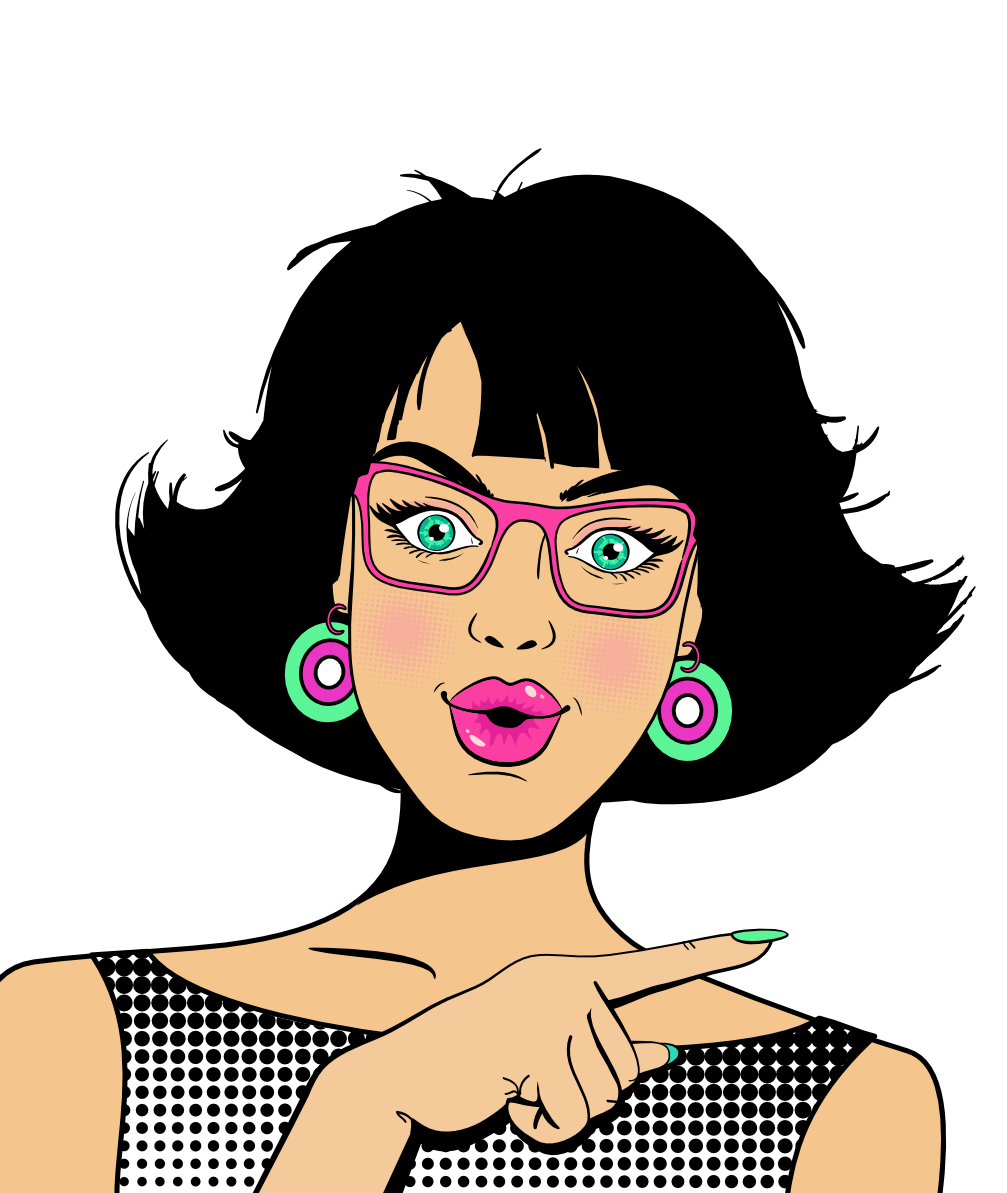 Kate St. James, with dark bob, green eyes, pink glasses and dotted black and white dress